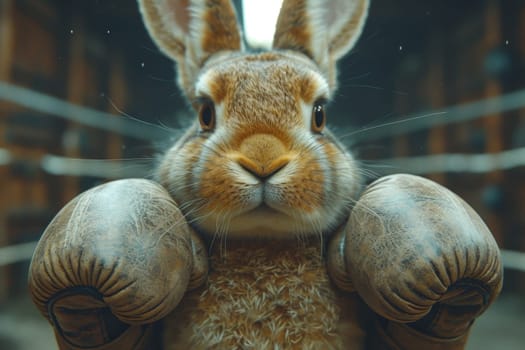 A cowardly rabbit in boxing gloves on the background of the ring. 3d illustration.