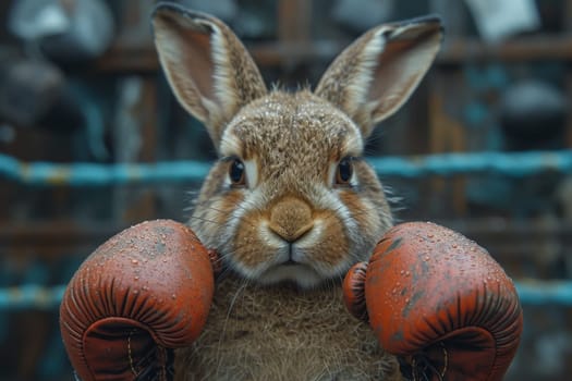 A cowardly rabbit in boxing gloves on the background of the ring. 3d illustration.