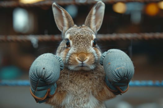 A cowardly rabbit in boxing gloves on the background of the ring. 3d illustration.