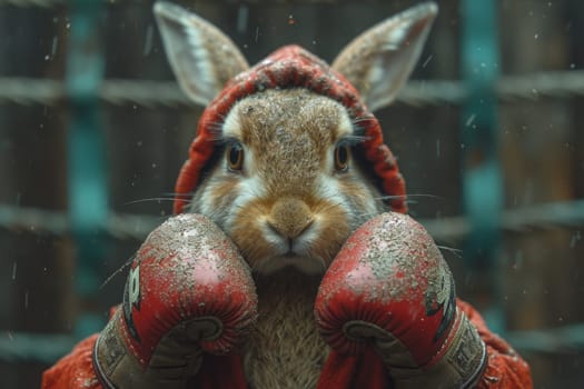 A cowardly rabbit in boxing gloves on the background of the ring. 3d illustration.