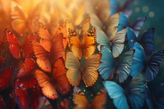 A pattern of colorful butterflies. textured background. 3d illustration.