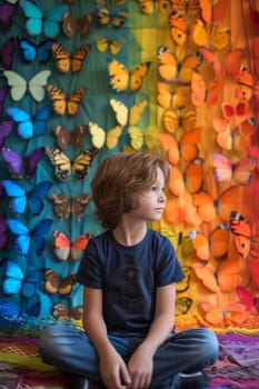 A boy on a background of colorful butterflies. textured background. 3d illustration.