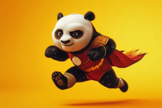 A giant panda superhero is running fast to help on an orange background. 3d illustration.