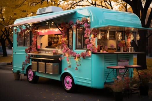 A van with street food. A food truck.