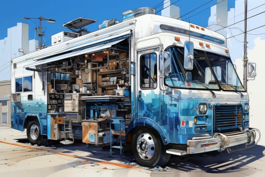 A van with street food. A food truck.