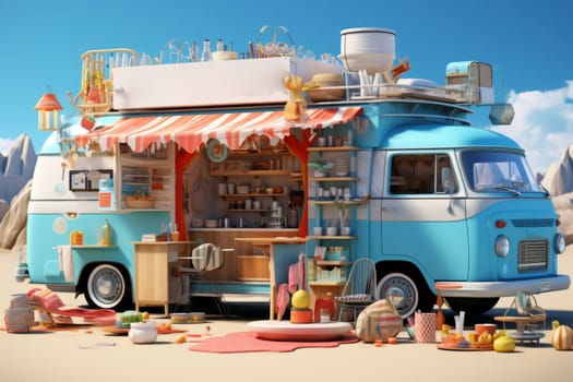 A van with street food. A food truck.
