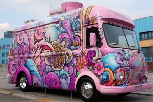 A modern multicolored food truck on the street.