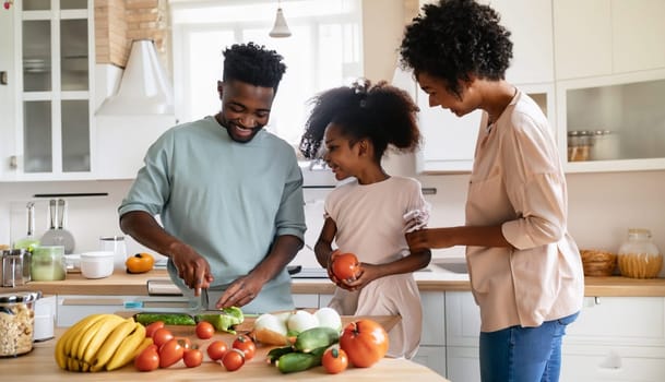 Happy family with father, mother and daughter in the kitchen, happy mom, dad and child with attachment and relationship, lifestyle and nutrition concept. High quality image