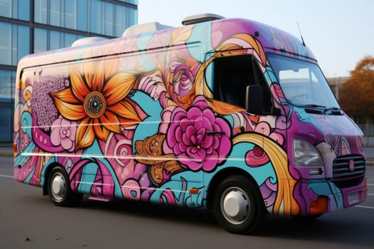 A modern multicolored food truck on the street.