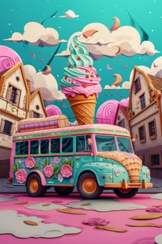 A cheerful colored ice cream van. 3d illustration.