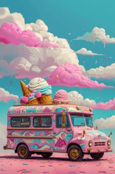 A cheerful colored ice cream van. 3d illustration.