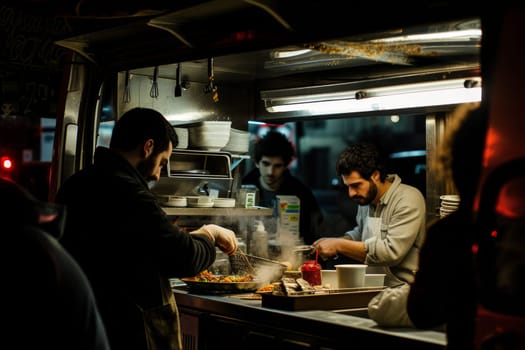 People cook food in a mobile van parked on the street.