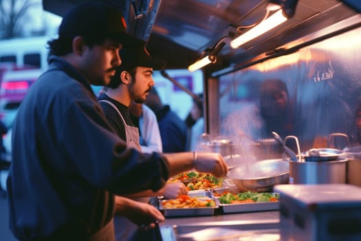 People cook food in a mobile van parked on the street.