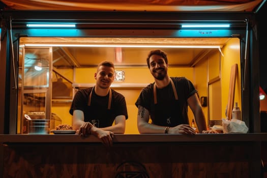 People cook food in a mobile van parked on the street.