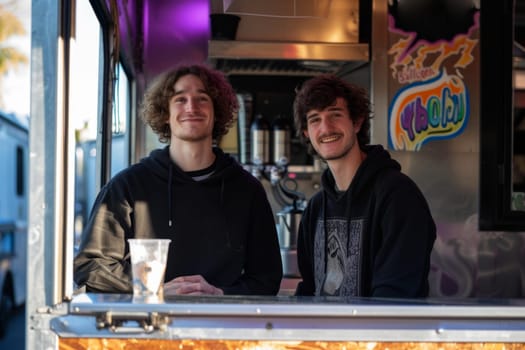 People cook food in a mobile van parked on the street.