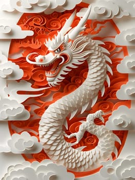 A white dragon, a mythical creature, is enveloped by a pattern of red and white clouds, creating a captivating closeup art piece in carmine hues