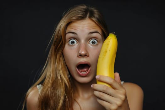 Picture of a woman with an expressive face expressing surprise or shock, women hand hold banana..