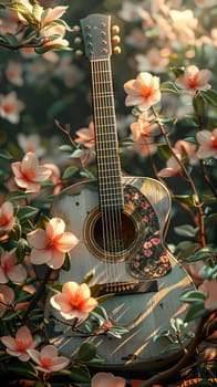 A bouquet of flowers surrounds the acoustic guitar in a garden, harmonizing the beauty of nature with the musical instrument