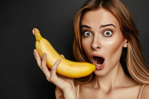 Picture of a woman with an expressive face expressing surprise or shock, women hand hold banana..