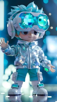 An electric blue toy doll adorned with a virtual reality headset and headphones, resembling a fictional character or action figure, adding fun and entertainment to any event or playtime