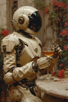 A robot with a glass of juice in his hand in the interior.