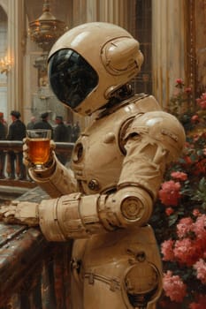 A robot with a glass of juice in his hand in the interior.