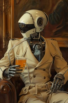 A robot with a glass of juice in his hand in the interior.