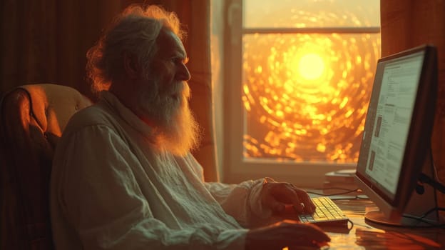 Portrait of an elderly man working at home at a computer near the window at sunset. The concept of a freelancer.