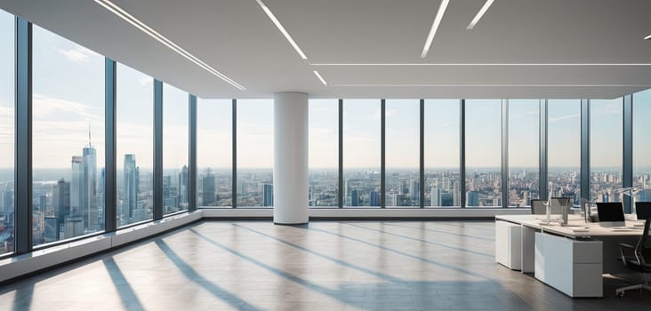 Empty office, high-rise building, city skyline view