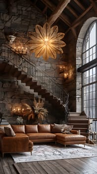 A beautifully designed living room in a building with hardwood flooring, a brick arch, and a large window overlooking stairs and a cozy couch