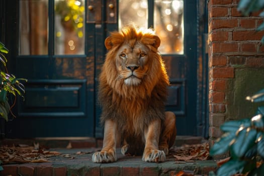 A big lion is sitting guarding the front door of the house.