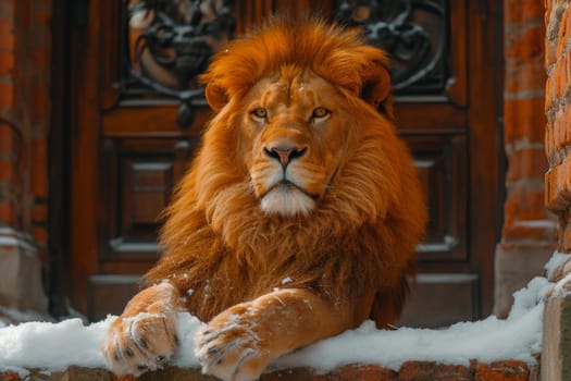 A big lion is sitting guarding the front door of the house.