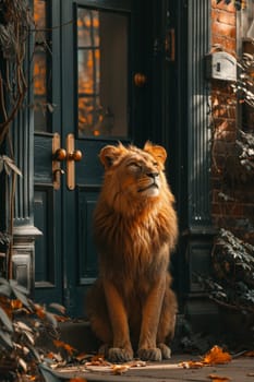 A big lion is sitting guarding the front door of the house.