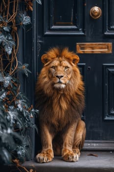 A big lion is sitting guarding the front door of the house.