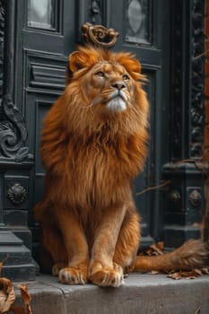 A big lion is sitting guarding the front door of the house.