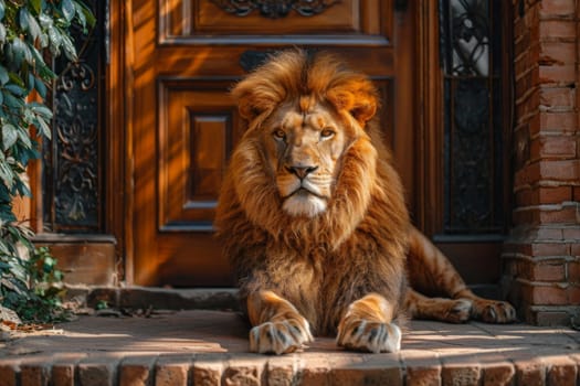 A big lion is sitting guarding the front door of the house.