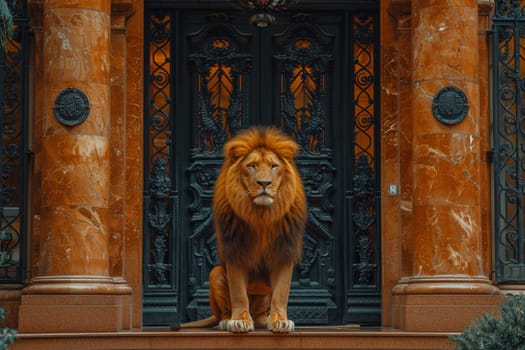 A big lion is sitting guarding the front door of the house.