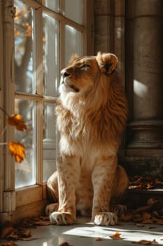 A big lion is sitting guarding the front door of the house.