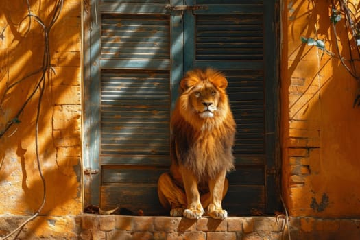 A big lion is sitting guarding the front door of the house.