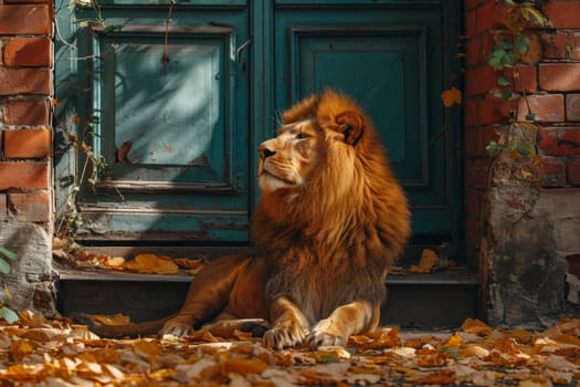 A big lion is sitting guarding the front door of the house.