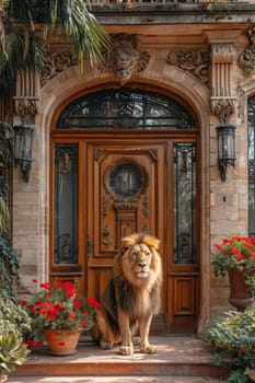 A big lion is sitting guarding the front door of the house.