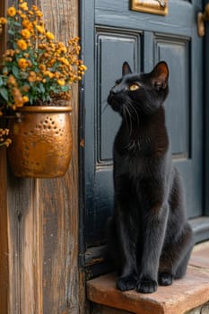 There was a cute black cat sitting near the door, guarding the entrance.