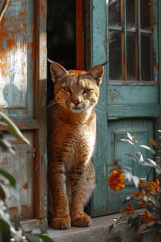 A cute cat was sitting near the door guarding the entrance.