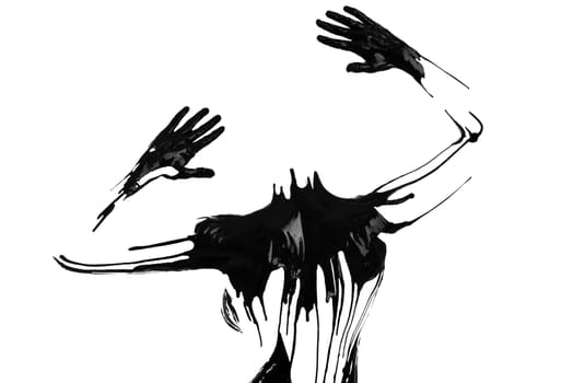 Studio, figure and paint on body of person with outline of hands and human silhouette in white background. Creative, painting and texture of black ink for art or abstract character in mockup space.
