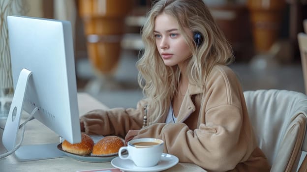 Portrait of a young girl working at home at a computer. The concept of a freelancer.