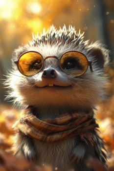 Funny hedgehog with glasses in the autumn forest. 3d illustration.