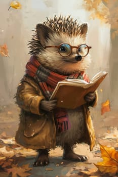 A funny hedgehog is reading a book in the autumn forest. 3d illustration.