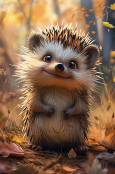 Funny hedgehog in the autumn forest. 3d illustration.