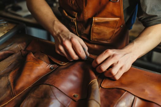 A male shoemaker working with leather fabric in his workshop.
