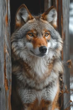 A grey wild Wolf is sitting near the house.